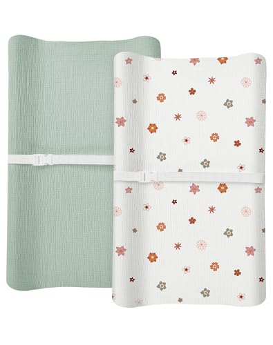 Image of Changing Pad Cover for Baby Boy Girl 2 Pack, Muslin Changing Table Pad Covers with Boho Style, Neutral Nursery Bedding Essentials Soft and Breathable(Sage & Flower-B)