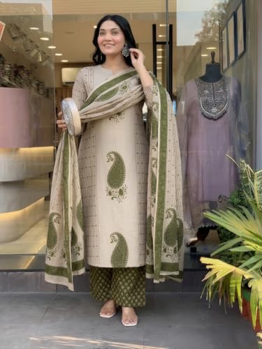Image of Nermosa Women's Pure Viscose Block Printed Ethnic Wear Straight Kurta Set with Palazzo Pants & Dupatta | Kurta Set for Women | 3 Piece Set