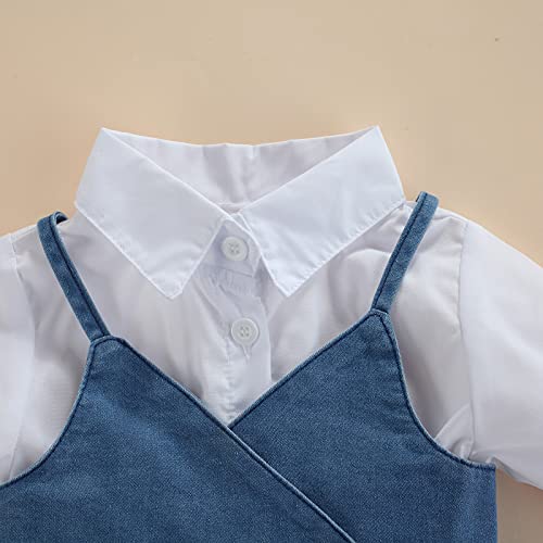 2PCS Baby Girl Puff Short Sleeves Lapel Button Down Shirt Dress + V-neck Strap Tie Back Denim Vest Set2