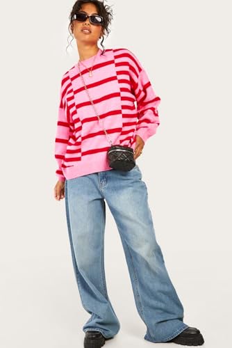 Women's Pink Stripe Bubble Sleeve Drop Shoulder Sweater - Trendy Casual Winter Wear4