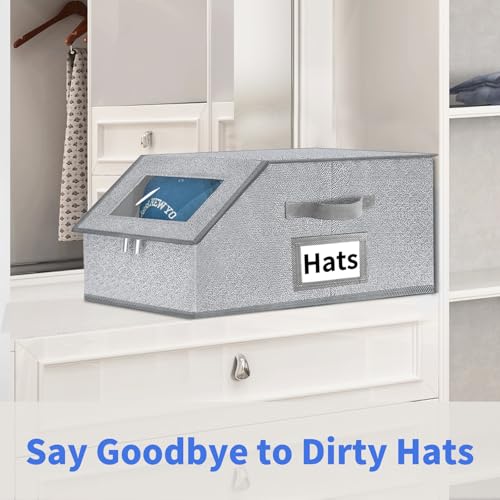 Hat Organizer for Baseball Caps - 2PCS Stackable Storage with Clear Lid, Drawer & Flip-Top Access, Space-Saving Hat Box for Closet, Breathable Fabric, Grey (Grey)