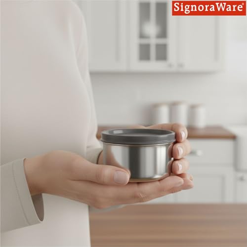 Image of SignoraWare Ample Stainless Steel Container | Airtight & Leakproof | Dishwasher Safe | Durable Storage Solution | Ideal for Kids, Office, School, Picnic & Outdoor Use (225ml | Grey)