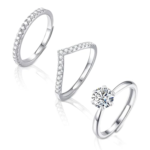 3Pcs Rings, Adjustable Silver Rings, Stackable Silver Plating Ring for Women with Small Diamond Line, V-Line and 1 Carat Diamond Ring, Elegant Jewellery Gifts for Women for Birthday Christmas