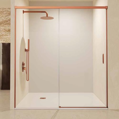 Mampara Ducha Frontal Corredera 1 Puerta 1 Fijo | Vidrio Templado 6mm Antical | Altura 195cm | Perfil Oro Rosa Cepillado 110cm (adap. 106,1-111)