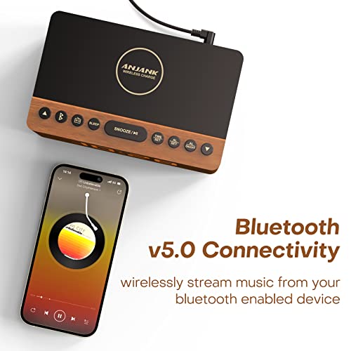 ANJANK Wooden Bluetooth Speaker, Alarm Clock with FM Radio, Qi Certified Fast Wireless Charging Station for iPhone/Samsung, USB Charger Port, Dimmable Display, Digital Wood Clock for Bedroom, Bedside - Image 4