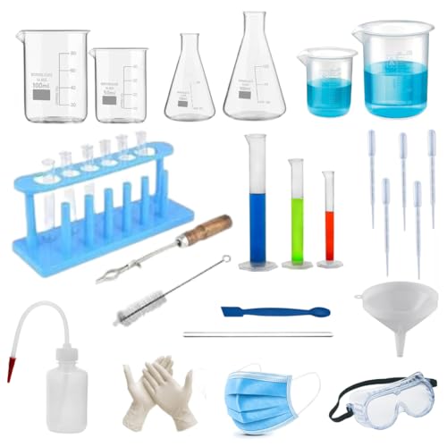 Image of Chemistry Lab 30 Pcs Kit - Borosilicate Glass Beakers, Conical Flasks, Plastic Measuring Cylinders, Test Tubes, Stand, Brush, Stirring Rods, Droppers & More for Students and Labs