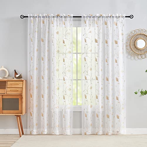 Image of Embroidery Sheer Curtains Beige 95 Inches, Floral Window Treatments Rod Pocket Drapes for Living room, Bedroom, Semi Crinkle Voile Curtain Panels for Yard, Patio, Villa, Parlor, Set of 2, 52 inchx 95 inch.