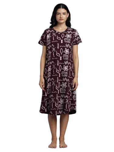 Image of 9shines Label Hosiery Cotton Knee Length Short Night Dress | Short Nighty for Women with Pocket | Graphic Print Nightwear | Night Gown for Women (M-7XL)