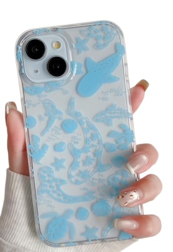Coque iPhone 15 antichoc transparente fine avec motif requin bleu clair