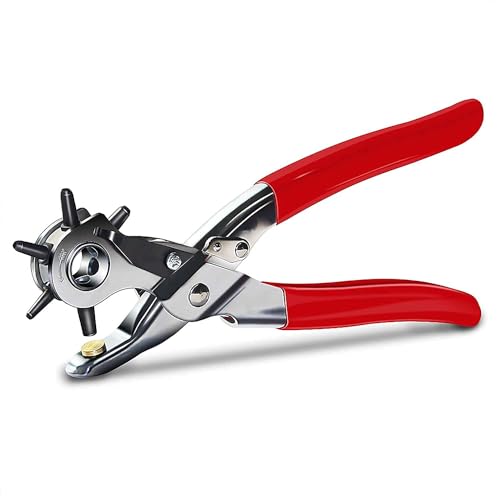 Image of Punch Hole Pliers: Metal Hand Tool with Revolving Heavy-Duty Puncher for Leather Craft, Belts, Watch Bands, Bags, Dog Collars and Fabric (Revolving Punch)