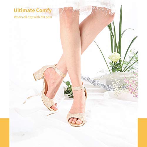 Idifu Women's Gold Sparkly Chunky Pump Heel Sandals Peep Toe Low Block Ankle Strap Wedding Formal Dress Heels Shoes #TOP3