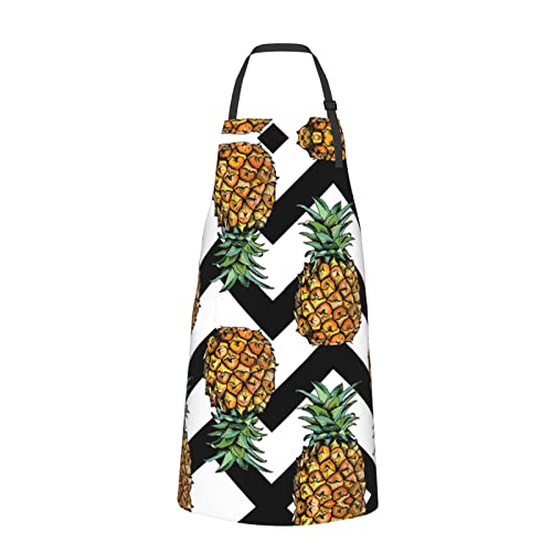 Lynsay Pineapple With Black And White Striped Printed Waterproof Apron, Men's And Women's Kitchen Cooking With Pockets Adjustable Soft Apron #TOP1