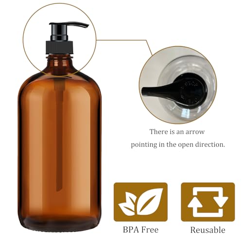 4 Pack 32 oz Amber Glass Pump Bottles, Glass Dispenser Bottles with Pump, Boston Round Bottles with Pumps for Shampoo and Conditioner, Body Shower, Lotion, Soap, Massage Oils3