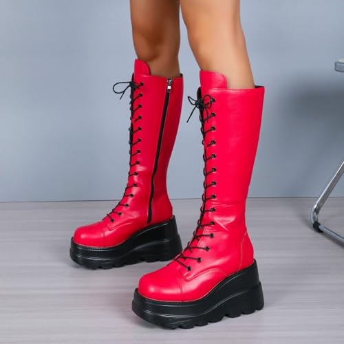 Parisuit Womens Platform Wedge Knee High Boots Goth Motorcycle Boots Lace Up Heeled Punk Combat Boots3
