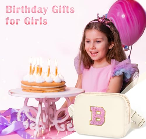 Image of COSHAYSOO Valentines Birthday Initial Gifts for Women Teen Girls 5 6 7 8 9 10 11 12 13 14 Year Old Ivory Fanny Pack for Girls Belt Bag Crossbody Travel Purse Unique Trendy Cute Stuff Chenille Letter B