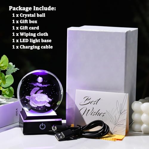 Image of Arikyrist 3D Crystal Ball Sea Turtle Figurine with LED Base Laser Sea Turtle Gifts for Women Men on Christmas Birthday Decorative Turtle Ball Glass Sea Turtle Globe Night Light for Home Decor (80mm)
