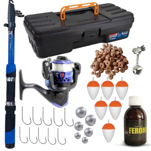 Kit Pesca Completo Com Maleta Vara Molinete Anzol Boia Chumbada Guizo Isca Furadinha e Feromonio