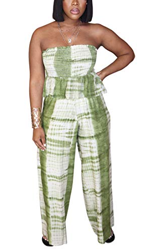 Aro Lora Womens Sexy Off Shoulder Floral Print Ruffle Two Piece Jumpsuits Rompers Crop Top Wide Leg Pant Set XX-Large Green
