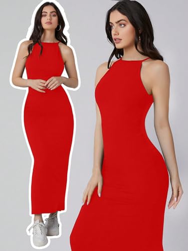Image of Aahwan Pink Solid Halter Neck Solid Bodycon Midi Dress for Women's & Girl's