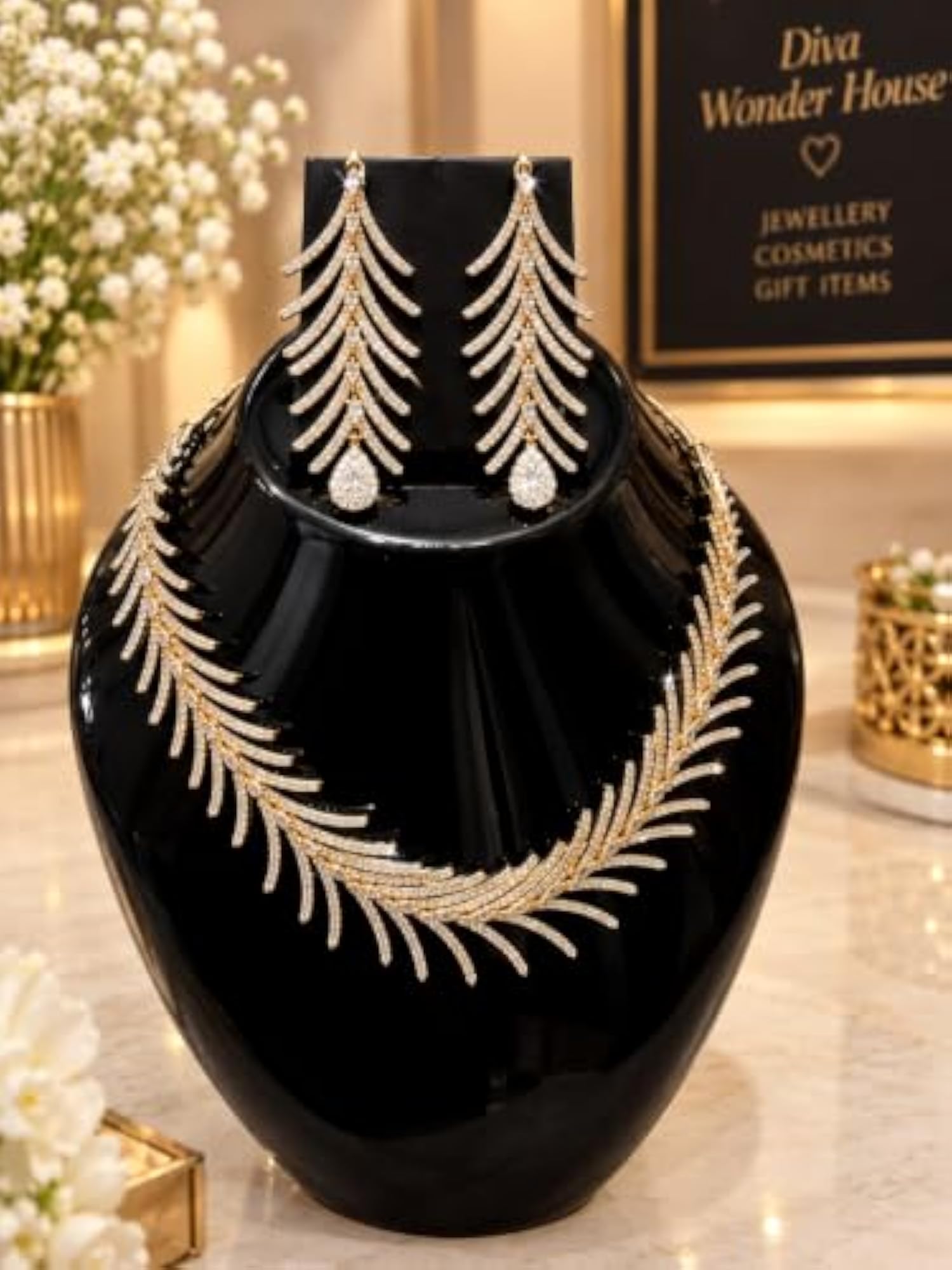 Diva Wonder House Gold-Tone Feather Necklace Set with Earrings