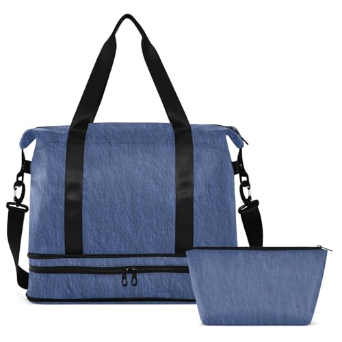 Navy Blue Linen Texture Travel Tote Gym Bag Overnight Carry On Tote and Luggage with Adjustable Strap for Travel Foldable2