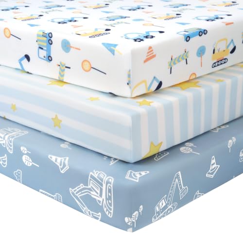 Image of Baby Crib Sheets for Boys and Girls, 3 Pack Toddler Bed Sheets for 52 inchx28 inch Standard Toddler Mattresses, Soft Microfiber Fitted Crib Sheets Neutral Blue Truck