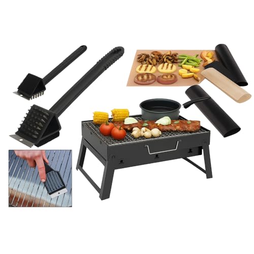 Super Kit de Mini Barbacoa Portátil Parrilla de Carbón Cepillo Rascador Estera Antiadherente Todo lo que Necesitas para Asar Donde Quieras Pack Completo Compacta Plegable Ideal para Viajes