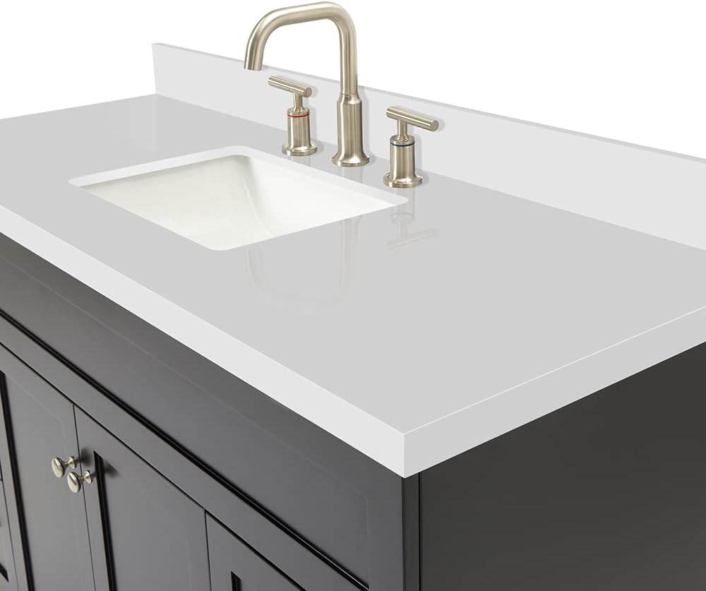 ARIEL Hamlet 54-inch Bathroom Vanity with Sink,Solid Wood, 1.5-inch Pure White Quartz Countertop & Backsplash, Single Rectangular Porcelain Sink, 2 Soft Closing Doors, 4 Dovetail Drawers, Black