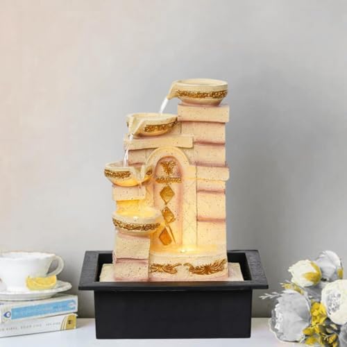 Image of LED Indoor Tabletop Water Fountain, Polyresin Cascading Waterfall Showpiece with Running Water and Light, Decorative Fountain for Home, Office, Living Room, Meditation, Vastu, Desk Decor