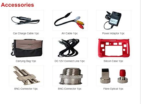 Grid of accessories included with the SATLINK WS-6980, showing car charge cable, AV cable, power adaptor, carrying bag, DC 12V connect line, silicon case, BNC connectors, and fibre-optical connector.