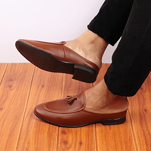 Image of FAUSTO Men's Back Open Tassle Leather Slip On Shoes for Outdoor|Evening|Festive|Occasions|Comfort|Lightweight with TPR Sole (6-13 UK)