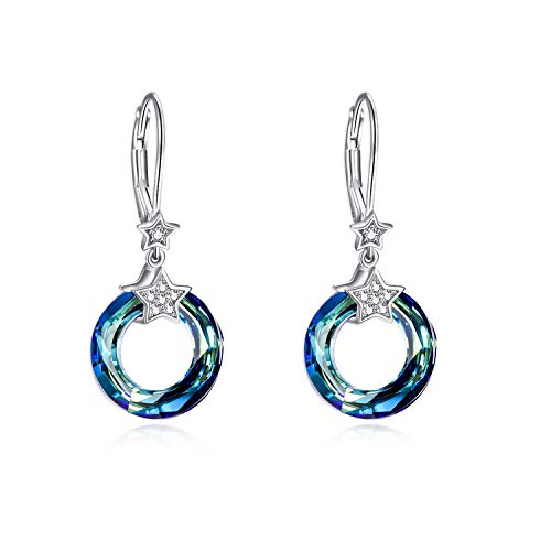 AOBOCO 925 Sterling Silver Dangle Earrings with Swarovski Crystal, Hypoallergenic Star Earrings for Women Dainty Girls drop Ear Ring Jewelry Gifts (Sapphire Blue)