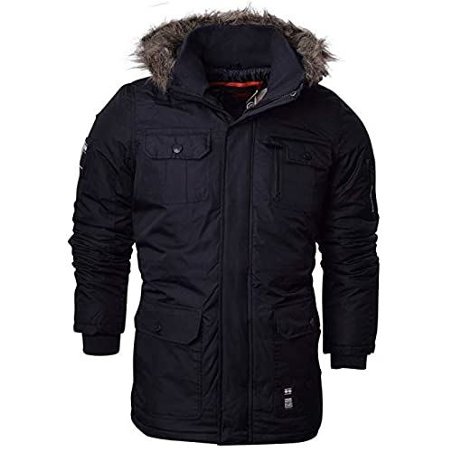 Crosshatch Mens Heavy Weight Fur Hood 'Parked' Parka Padded Waterproof Winter Coat Jacket (XXL, Black)