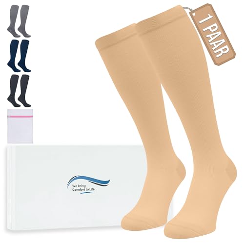 360 Relief Kompressionsstrümpfe Damen und Herren - 1 Paar Kompressionssocken Einfarbig für Sport, Laufen, Flug, Reise, Joggen, Radsport, kniestrümpfe, S/M Beige mit Wäschenetz 360 Relief Kompressionsstrümpfe Damen und Herren - 1 Paar Kompressionssocken Einfarbig für Sport, Laufen, Flug, Reise, Joggen, Radsport, kniestrümpfe, S/M Beige mit Wäschenetz