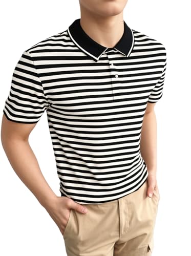 Image of Mack Jonney Men's Striped Cotton Rich Collar Neck T Shirt | Collar Tshirts | Half Sleeves | Striped-Regular Fit-MM485-nw