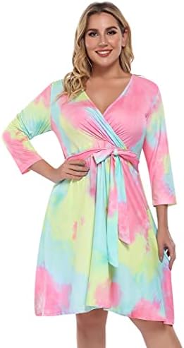 AMZ PLUS Womens Plus Size V-Neck Wrap Dress 3/4 Sleeve A Line Midi Cocktail Midi Work Tie Dye Dress 3XL