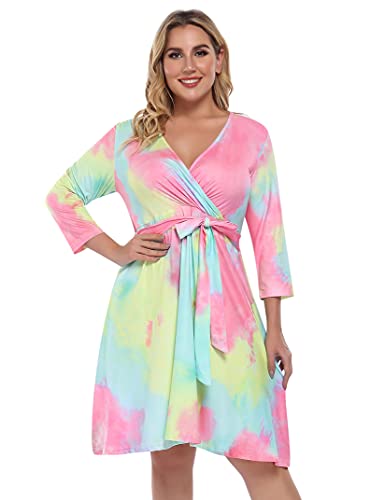 Amz Plus Womens Plus Size V-Neck Wrap Dress 3/4 Sleeve A Line Midi Cocktail Midi Work Tie Dye Dress 3Xl #TOP7