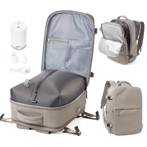 Image of Vacuum Travel Backpack with Electric Pump for Women Men, Vacpack Seal Compression Bags Waterproof Travel Backpack Carry on Flight Approved, Air Backpack Personal Item Carry on Backpacks（grey brown）