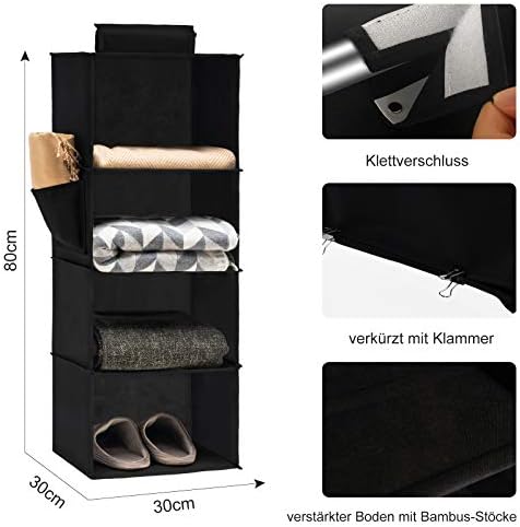 YOUDENOVA Hanging Shelves Wardrobe Storage Organiser 4 Shelves With Side Pocket Bedroom Storage Solutions for Clothes Shoes Black