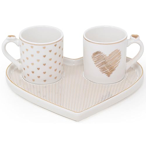 NAMAI - Set di 2 Tazzine Caffè con Vassoio a Forma di Cuore, 17,5x15,5x6h CM, New Bone China, Adatte in Lavastoviglie e Microonde, Regalo Coppia (Righe)