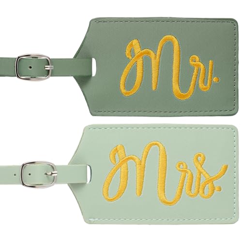 Hsei 2 Pcs Mr and Mrs Luggage Tags 2026 Honeymoon Gifts Wedding PU Leather His Her Luggage Tag Bridal Shower Gifts for Couple(Sage Green)