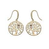 Finition qualité Bijouterie Boucles d\'oreilles plaqué or Arbre de Vie avec hibou - chouette empierré + écrin (offert)