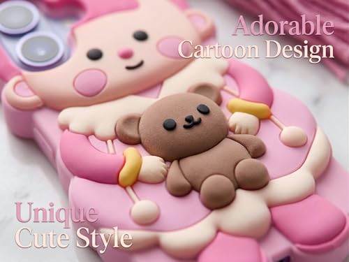 Image of amazon basics Cute 3D Pink Doll Silicone Mobile Case for iPhone 17 - Aesthetic Cartoon Girl with Braided Tassels & Teddy Bear, Soft Shockproof Protective Back Cover for Girls & Kids