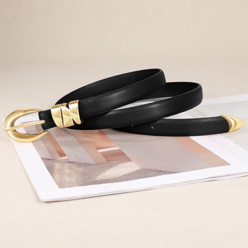 XZQTIVE Women's Skinny Leather Belts Ladies Thin Waist Belts for Jeans Dress Pants Trendy Black Belt with Gold Buckle4