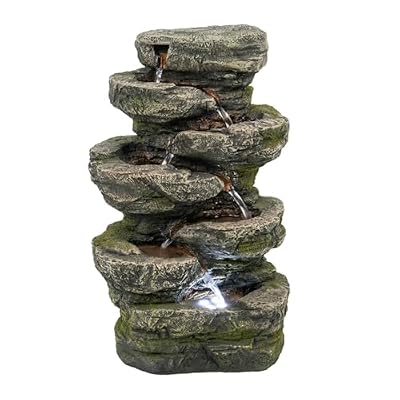 9x5x14 Indoor Gray Stone-Look Water Fountain, 7-Tier Polyresin Cascading Rock Tabletop Fountain with LED Light