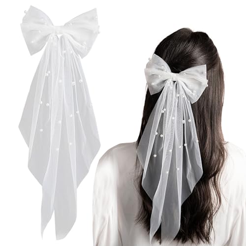 Brautschleier Kurz JGA, Tüllschleier mit Haarspange und Perlen, Weiß für Junggesellinnenabschied, Brautparty, Hochzeitsfoto