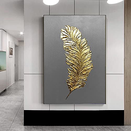 Peinture mur art de plumes dorées pour illuminer votre salon et décoration de maison