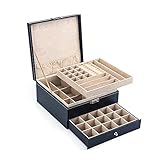 Dreistufiges abnehmbares Design mit mehreren separaten Fächern für Münzen, Schlüssel, Stifte, Bargeld, Kreditkarten, Uhren, Schmuck, Manschettenknöpfe, Broschen, Ersatzverbindungen, Ringe, Ohrringe, Armbänder und Halskette