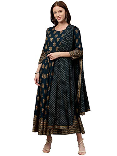 Image of KIPEK Women's Mustard Block Print Kurta with Dupatta - Rayon Fabric, 3 /4 Sleeves, Round Neck and Ankle Length.
