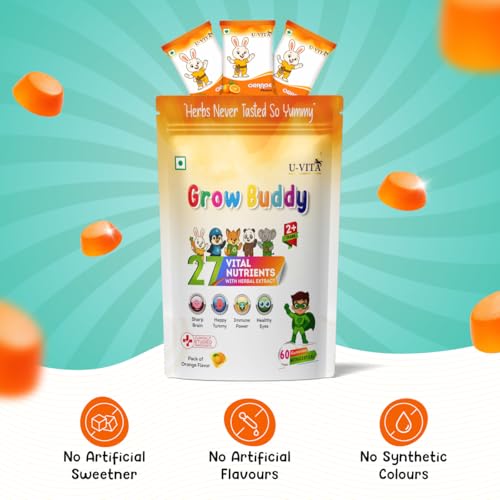 Image of U-VITA Grow Buddy Multivitamin Gummies for Kids (2+ Years) | No Added Sugar | 27 Essential Vitamins, Minerals & Pure herbal extracts | Made in India and Formulated in the UK | 60 Gummies, Orange